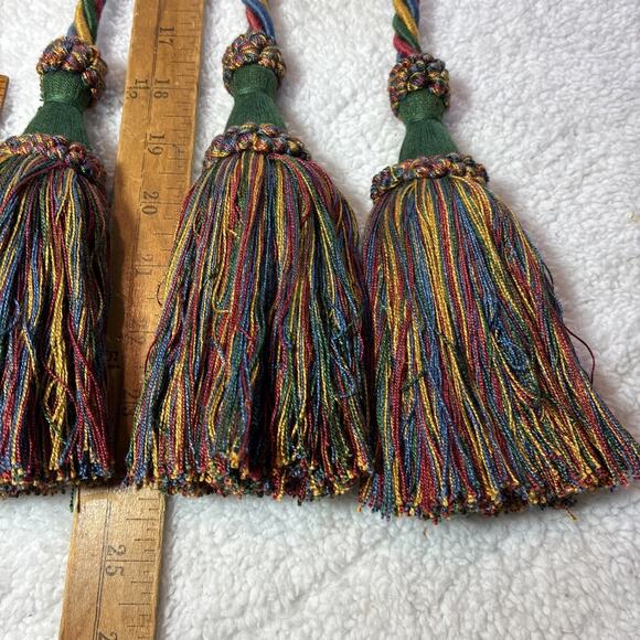 Pair Large Drapery Curtain Tie Backs Tassels red/green/gold Fringe 24” Elegant - Picture 3 of 5